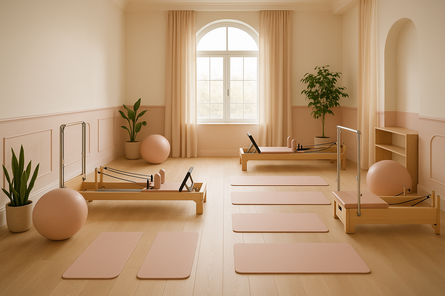 PILATES STUDIO WITH BLUSH PINK, WHITE AND BEIGE